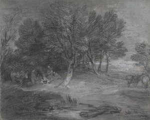 Paesaggio boscoso con accampamento di zingari
